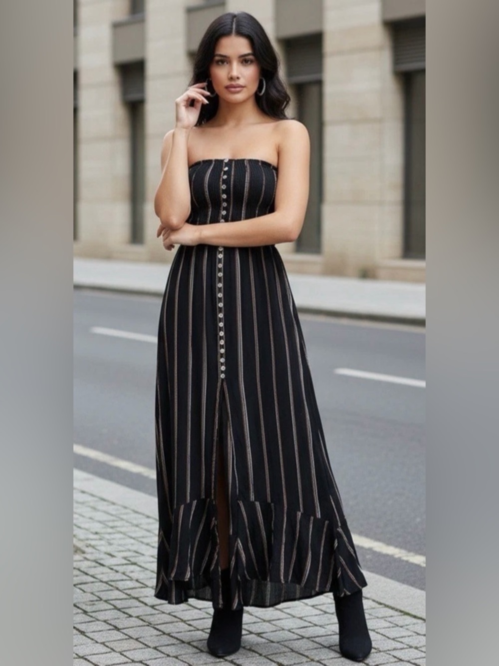 Elan Black Striped Strapless Button Down High Front Slit Maxi Dress Size Medium